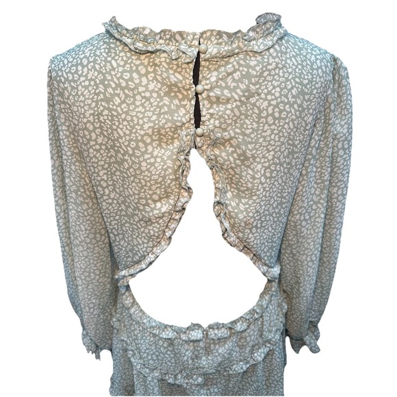 Sundress Women's Dress Large Green Ruffles White Print Open Back Long Sleeves - Picture 6 of 16